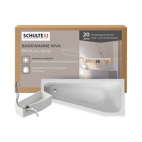 Schulte Riva Badewanne, 170x75 cm, inklusive Wannenträger und Ab- und Überlaufgarnitur