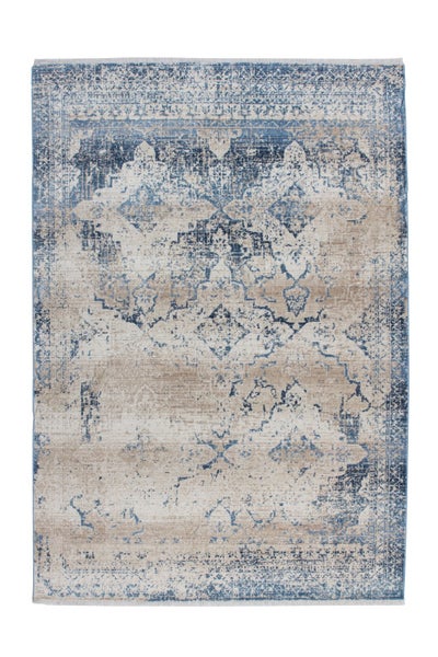 Rechteckiger Teppich mit orientalischem Muster im Vintage-Stil, blaues und beige Design mit Fransen.