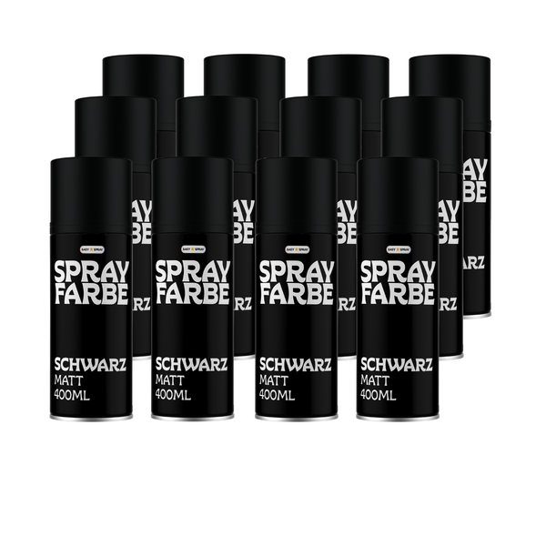 Set aus zwölf Spraydosen mit mattem schwarzen Lack, Füllmenge 400 Milliliter pro Dose, Sprayfarbe für verschiedene Oberflächen.