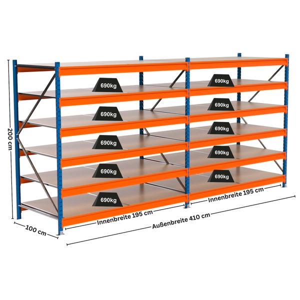 Schwerlastregal mit sechs Regalböden und Maßangaben