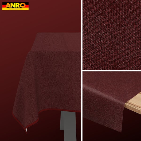 ANRO Logo. Dunkelrote, strukturierte Tischdecke mit gesäumtem Rand, Detailansicht der Oberfläche und Fall über die Tischkante.