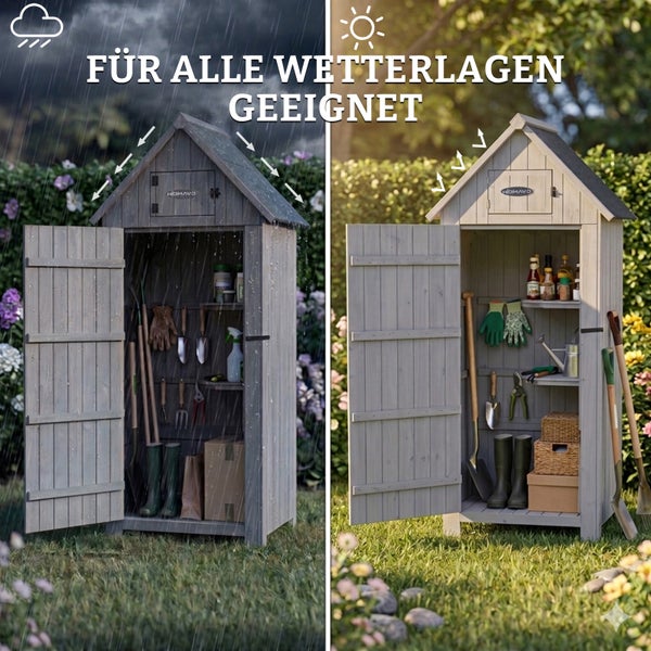 Wetterfester Geräteschrank aus Holz von HOMAVO im Garten bei Regen und Sonnenschein, gefüllt mit Gartenwerkzeugen.