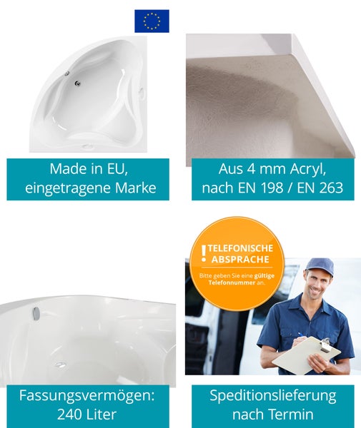 Eckwanne aus 4 Millimeter Acryl, hergestellt in der Europäischen Union, 240 Liter Inhalt, Speditionslieferung nach telefonischer Terminabsprache.