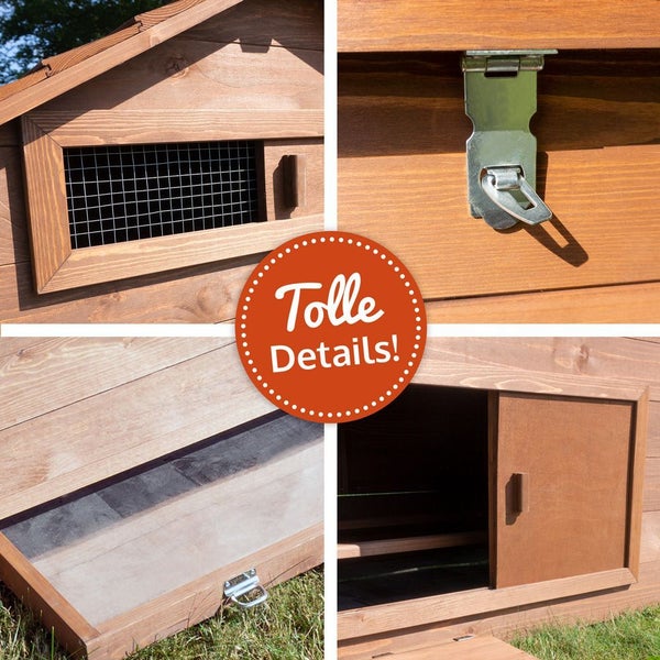 Collage von Details eines Kleintierstalls aus Holz mit Drahtgitterfenster, Metallverschluss, ausziehbarer Reinigungswanne und Schiebetür.