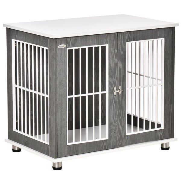 PawHut Hundehütte Hundehaus aus Holz Transportbox Kleintierkäfig für mittelgroße und kleine Hunde erhöhtes Design innen Stahl Grau+Weiß 85 x 55 x 75 cm