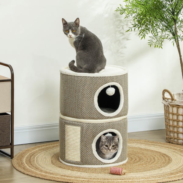 PawHut Kratztonne, 56 cm Hoch Katzentonne mit Höhle, Kratzbaum, Katzenturm aus Sisal, für Katze bis 5 kg, Kaffee