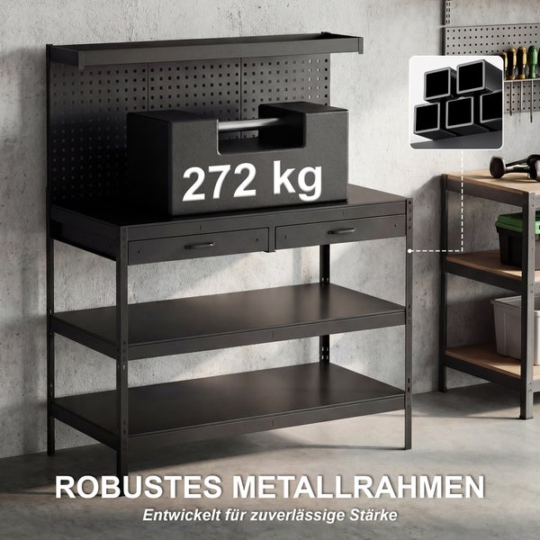 Werkbank mit robustem Metallrahmen, Lochwand, zwei Schubladen und zwei Ablageflächen, belastet mit 272 Kilogramm zur Demonstration der Stärke.