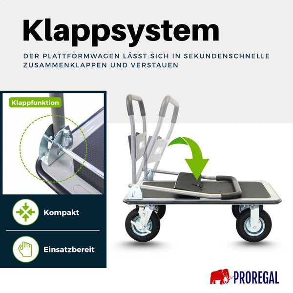 Klappbarer Plattformwagen für kompakte Aufbewahrung und sofortige Einsatzbereitschaft mit Detailansicht des Klappmechanismus. PROREGAL Logo.
