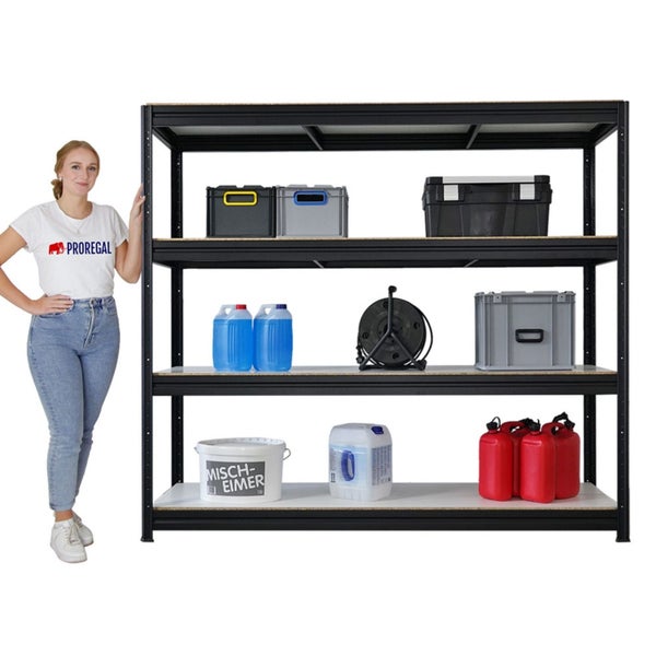 Schwerlastregal mit vier Ebenen und diversen Behältern