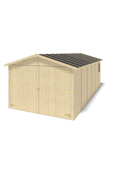 Holzgarage mit Doppelflügeltor, Satteldach mit dunkler Dacheindeckung und kleinem Seitenfenster.