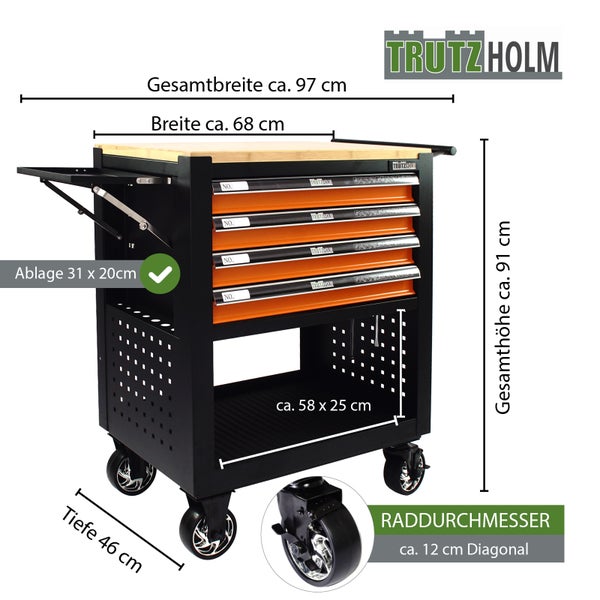 Trutzholm Werkstattwagen mit Holzplatte, 4 Schubladen. Gesamtbreite circa 97 Zentimeter, Höhe circa 91 Zentimeter, Tiefe 46 Zentimeter.