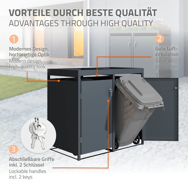 ML-Design Mülltonnenbox 4er mit Pflanzdach für 4 Mülltonnen, 240L 264x80x124cm Anthrazit, Stahl, wetterfest, Abschließbare Mülltonnenverkleidung mit Tür, Müllbox Mülltonnecontainer Mülltonnenabdeckung