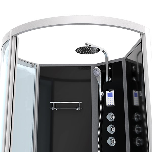 Innenansicht einer modernen Duschkabine mit runder Regendusche, Handbrause, digitalem Bedienfeld, drei Massagedüsen und Glasablage.