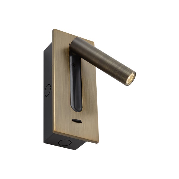 LED-Wandleseleuchte in Altmessing-Optik mit verstellbarem Spot und rechteckiger Montageplatte.