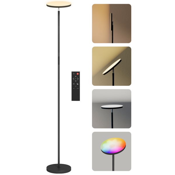 LED-Stehleuchte mit schwenkbarem Rundkopf, Fernbedienung, dimmbar, einstellbare Farbtemperatur und Farbwechsel.