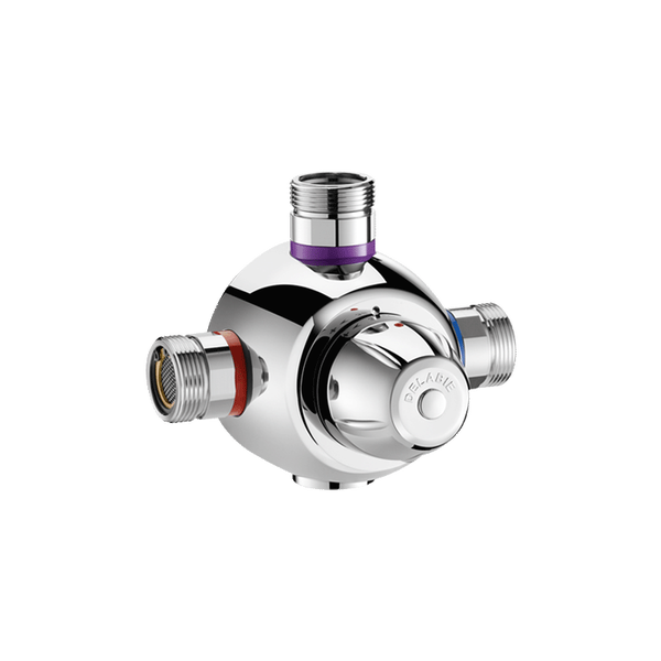 Delabie Thermostat-Mischventil aus verchromtem Metall mit drei Anschlüssen und einem runden Bedienknopf.