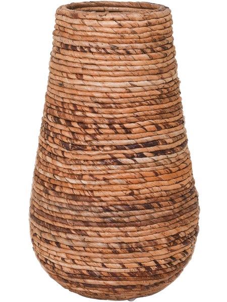 Geflochtene Vase aus Naturmaterial in Braun, konische Form mit strukturierter Oberfläche.