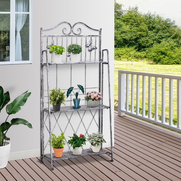 Outsunny 3-Etagen Pflanzregal klappbar Pflanzenständer für Außenbereich wie Balkon, Terrasse oder Garten Blumenregal Metall Blumenständer Blumentreppe Gartenregal Silbergrau