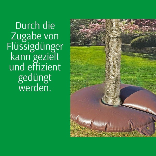 Baumbewässerungsring um einen Baumstamm auf einer Rasenfläche. Die Zugabe von Flüssigdünger ermöglicht eine gezielte und effiziente Düngung.