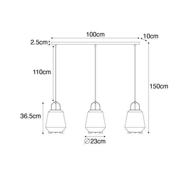 Technische Zeichnung einer Pendelleuchte mit drei Lampen und Maßangaben