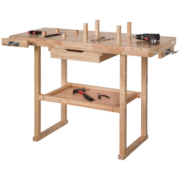 Holzwerkbank tectake  117 x 47,5 x 83 cm mit 2 Schraubstöcken braun
