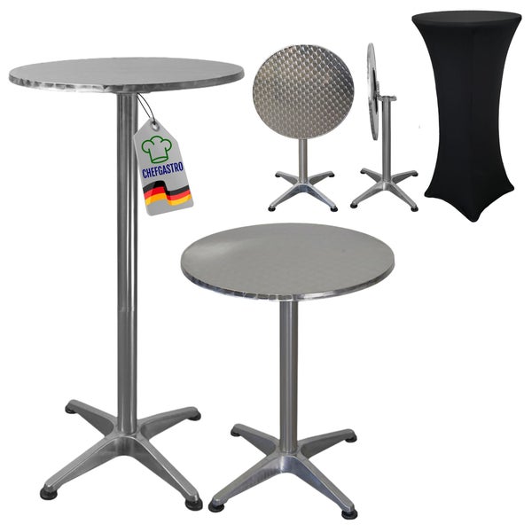 Stehtische aus Aluminium mit dem ChefGastro Logo und einem schwarzen Hussenbezug