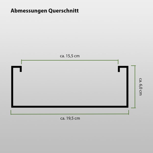 Abmessungen des Profils mit den Maßen circa 15,5 cm und circa 19,5 cm Breite und circa 6,0 cm Höhe