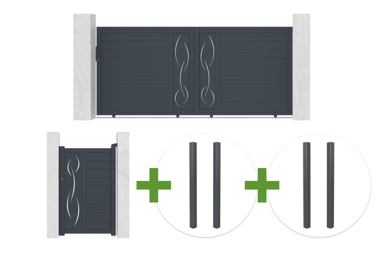 Set bestehend aus Doppelflügeltor, Gartentür und vier Pfosten, mit dekorativen Wellenmustern und horizontalen Lamellen.
