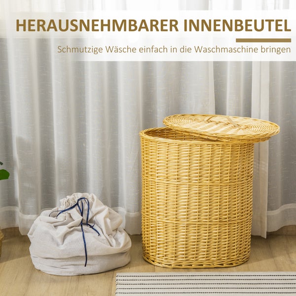 HOMCOM Wäschekorb aus Weide Weidenrute Wäschebox Wäschesammler geflochten mit Wäschesack mit Deckel Natur 100L 51 x 38 x 57 cm