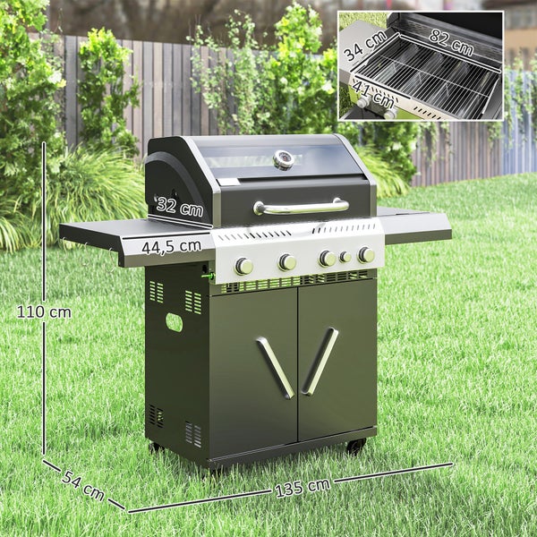 Outsunny Gasgrill 12 KW Grillwagen inkl 5 Brenner Seitenkocher Rolle Druckminderer Deckel Gasschlauch 2 Heizzonen Thermometer Seitenablagen, BBQ Gartengrill für Balkon, Grill 135 x 54 x 110 cm