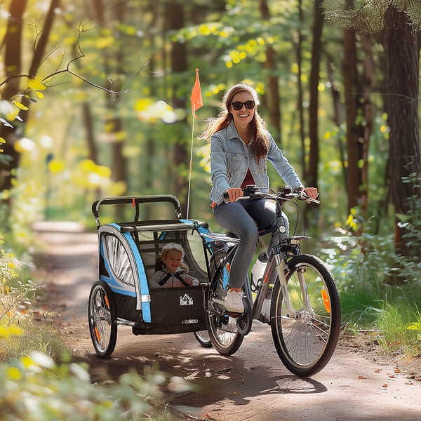 HOMCOM 2 in 1 Kinderanhänger klappbar Fahrradanhänger mit abnehmbarem Vorderrad, Hinterradbremsen, Kinderfahrradanhänger für 2 Kinder ab 18 Monate, bis 26,4 kg belastbar, Blau
