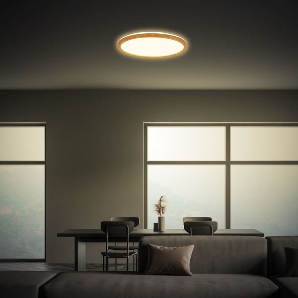 LED Deckenlampe Holz Deckenleuchte Wohnzimmer Indirektes Licht Flach Warmweiß