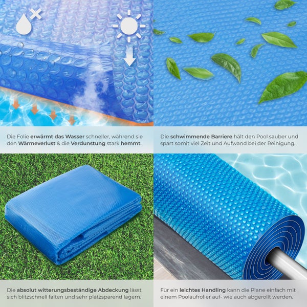 Mehrteilige Abbildung einer blauen Poolabdeckung, die die Wärmespeicherung, Sauberkeit und einfache Handhabung des Pools demonstriert.