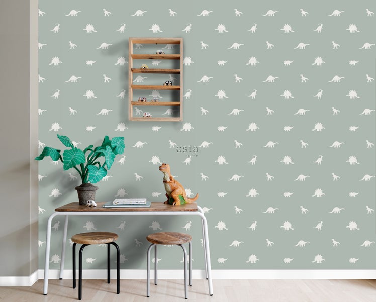 Dekoratives Kinderzimmer mit Dinosaurier-Tapete, Tisch und Stühlen