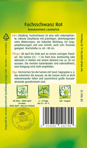 Rückseite der Saatgutpackung Fuchsschwanz Rot Amaranthus caudatus mit Informationen zu Aussaat, Keimung, Blütezeit und Pflegehinweisen.