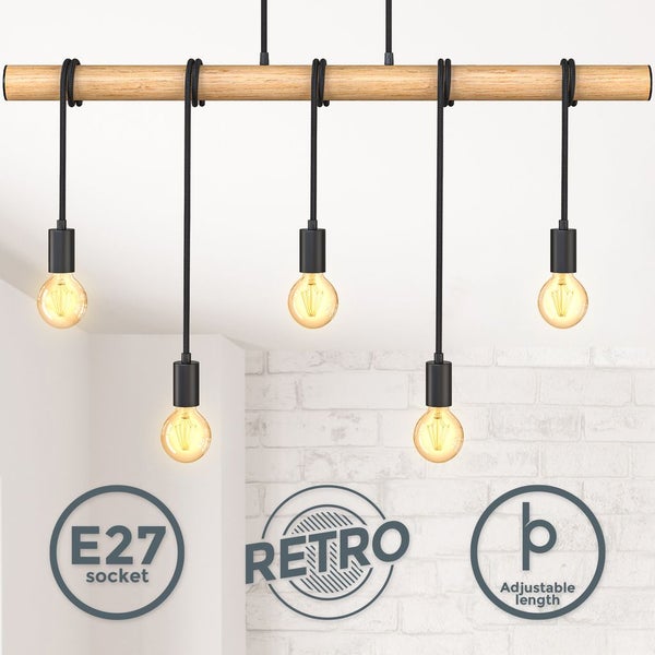 Pendelleuchte - E27 Fassung, retro, 5-flammig, Holzbalken, schwarz-holz