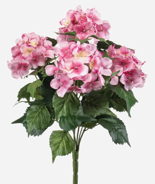 Künstliche Hortensie mit pinkfarbenen Blütenblättern aus Textilmaterial.
