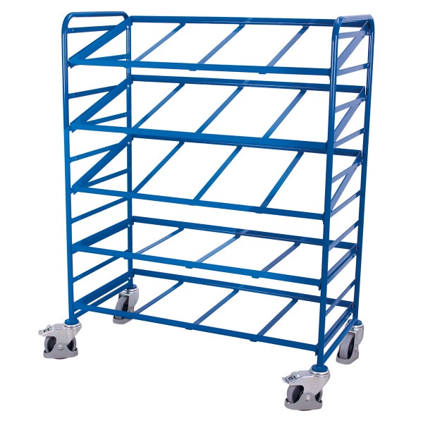 Blaues Transportgestell aus Metall mit Rollen