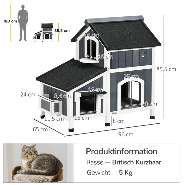 PawHut Katzenhaus aus Holz, Winterfest Katzenhütte mit mehreren Eingängen, 2 Etagen, Katzenhöhle für draußen, Kleintierhaus mit Asphaltadach, Blumenkasten für Draußen Garten, 96 x 65 x 85,5 cm, Grau