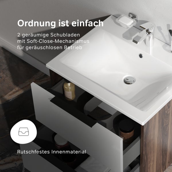 Waschplatz mit Keramikwaschbecken und Unterschrank mit zwei Schubladen mit Soft Close Funktion und rutschfester Einlage.