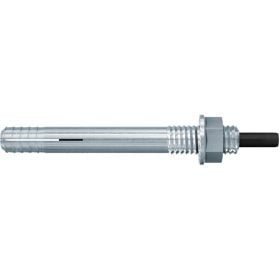 Ein Bolzenanker aus Metall mit Gewinde, Mutter und Unterlegscheibe zur Befestigung von schweren Lasten in Beton.