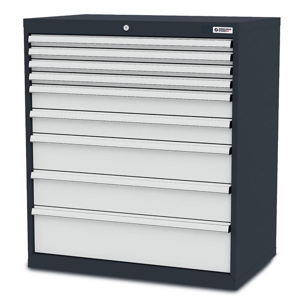 Werkzeugschrank aus Metall in Anthrazit mit neun hellgrauen Schubladen und Schloss.