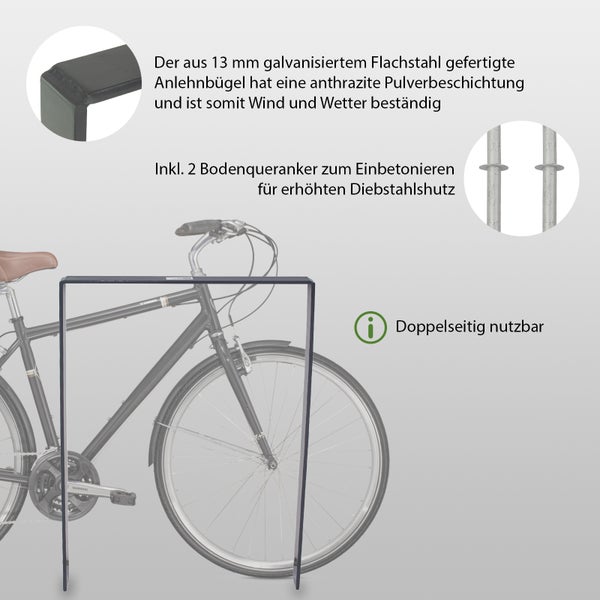 Fahrradanlehnbügel aus Flachstahl mit Bodenanker zum Einbetonieren für erhöhten Diebstahlschutz. Beidseitig nutzbar.