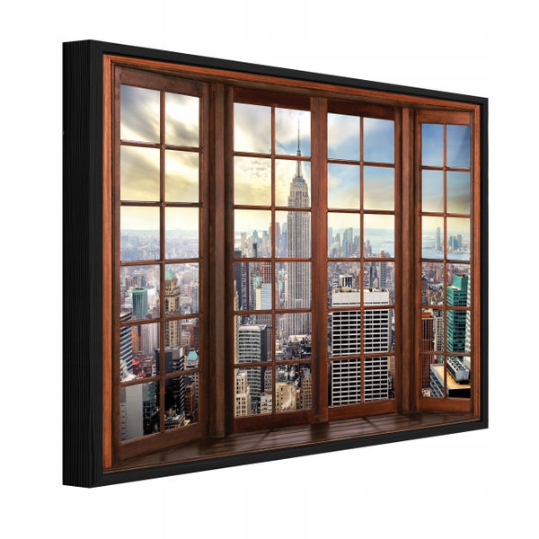 Wandbild mit Fensterrahmen Optik und New York Skyline Motiv fuer Wohnzimmerdekoration