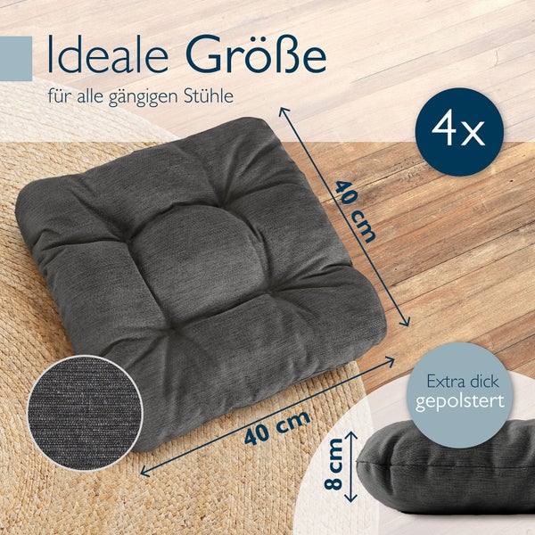 Graues Stuhlkissen mit den Maßen 40 mal 40 Zentimeter, 8 Zentimeter dick und im Viererpack