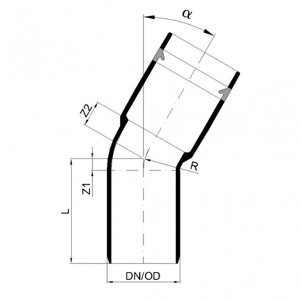 Technische Zeichnung eines Rohrbogens mit Angaben zu Winkel Alpha, Länge L, Z1, Z2, Radius R und Durchmesser DN OD.