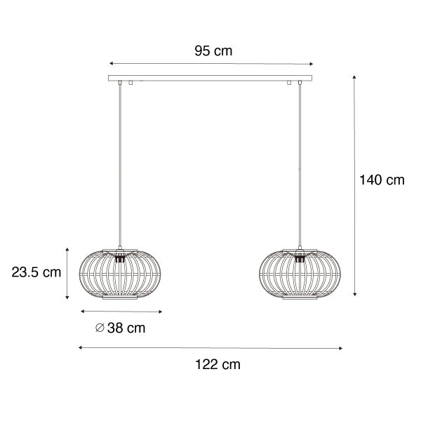 Technische Zeichnung einer Pendelleuchte mit zwei Lampen und Größenangaben