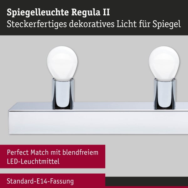 Spiegelleuchte Regula II mit zwei E14 Fassungen für dekoratives Licht am Spiegel.