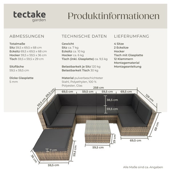 Rattan Lounge tectake Venedig mit Sicherheitsglasplatte für 6 bis 7 Personen natur