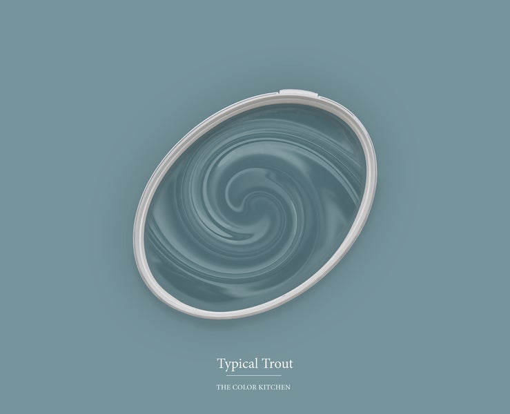 Draufsicht auf einen offenen Farbeimer mit verwirbelter Farbe im Farbton Typical Trout von The Color Kitchen.